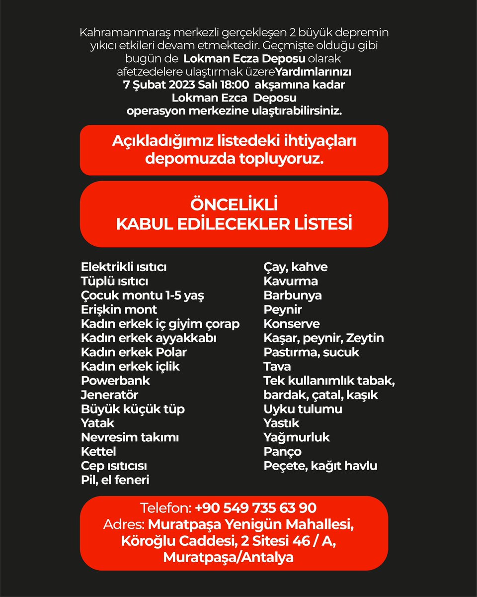 LokmanEcza's tweet photo. Deprem bölgesine göndermek istediğiniz yardımlarınızı akşam 18:00’e kadar Lokman Ecza Deposu operasyon merkezine ulaştırabilirsiniz. https://t.co/ipEobrq4wC