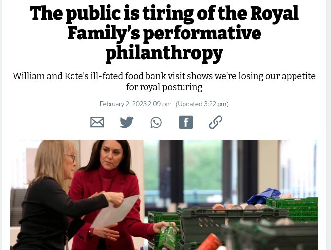 nomoremonarchs's tweet photo. "[A]s it becomes glaringly obvious that inequality will not be solved by royal posturing, perhaps more people will begin to question what our royal family are really good for."

Performative philanthropy doesn't justify Windsor privilege &amp; status. 

#PRfakery #AbolishTheMonarchy https://t.co/6QUeZMsOWp