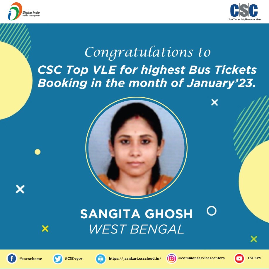 CscSafar's tweet image. Glad to Inform!

Congratulations to CSC Top FEMALE VLE Ms. SANGITA GHOSH for highest BUS tickets booking in the month of January&apos;23..

wish you all the best for your future endeavors💐

#cscsafar #csc #cscbusbooking #digitalindia