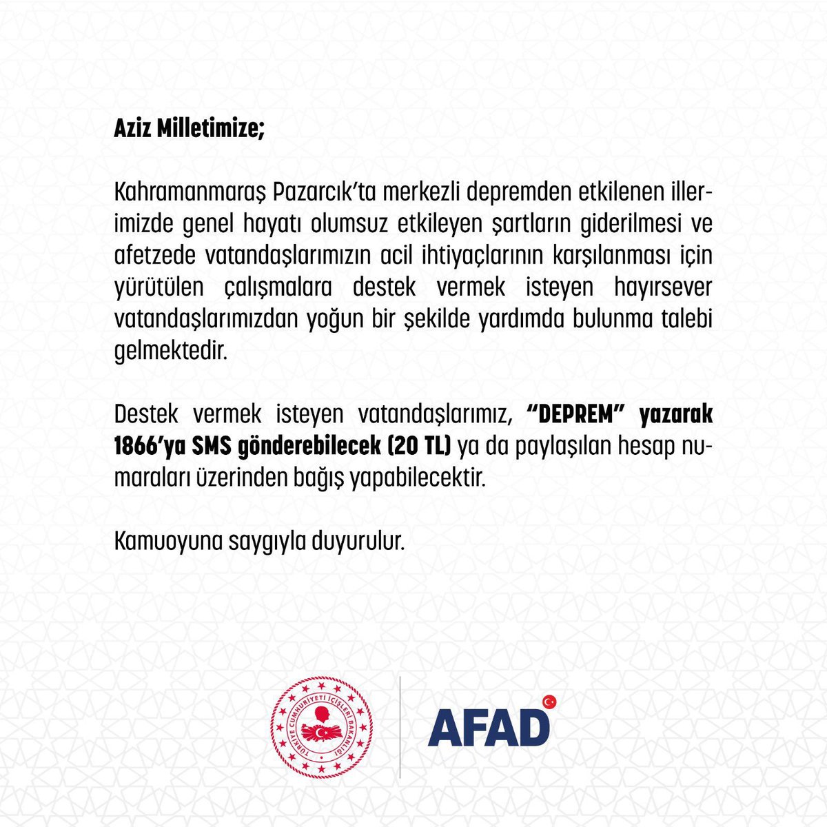 DemircilerSite's tweet image. Cumhurbaşkanlığımız tarafından vatandaşlarımızın yapacağı yardımların AFAD Başkanlığınca koordine edilmesi uygun görülmüş olup, yardımlarınızı banka hesap numaralarının yanı sıra çevrimiçi olarak aşağıdaki linke tıklayarak kampanyaya katılabilirsiniz. afad.gov.tr/depremkampanya…