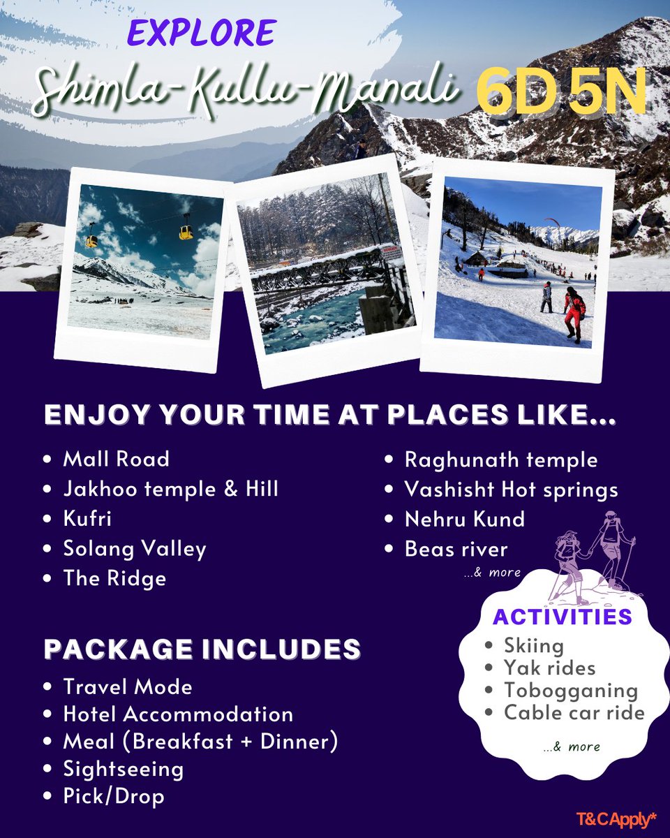 Is this not a must-trip in your life?

Book your holiday trip to Shimla-Kullu-Manali with @QzenHolidays & get exciting offers and discounts!

DM us for more details!

#qzenholidaytrips #shimlatrip #manalitrip #kullumanali #himachaltrip #wintertrip