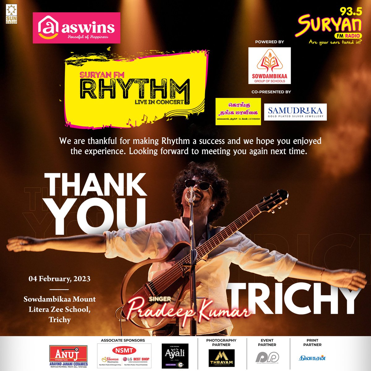 SuryanFM's tweet photo. Thank you #Trichy
We are thankful for making Rhythm a success and we hope you enjoyed the experience. Looking forward to meeting you again next time.
#SuryanFM #singerpradeepkumar https://t.co/XiGxzZkI4L