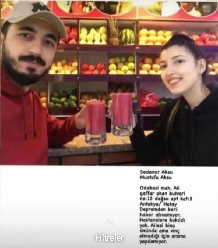 beyssaatn's tweet photo. @muhendisyenn Hatay/Antakya Odabaşı mahallesi Ali Gaffar Okan Bulvarı Doğsu Apt. Kat 3 no:12

Sedanur Aksu ve Mustafa Aksu

Sedanur Aksu HAMİLE ve saatlerdir 8 katlı çökmüş binanın içinden çıkarılamıyolar afad ve siviller orada ama büyük molozlar için vinç ve iş makineleri gerekiyor https://t.co/qJLu7sIhkd
