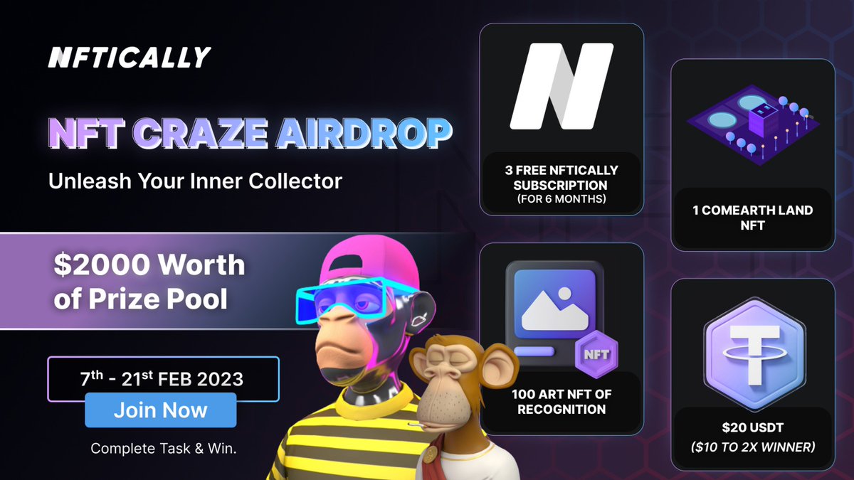 📣#NFTICALLY presents #NFT Craze #Airdrop 🔥

🥳 $2000 worth of Prize Pool: 
FREE Subscription + Land &amp; Art NFT + USDT | 106 winners

To Win 🏆
✅ Follow <a href="/NFTICALLY/">NFTICALLY</a>
✅ ❤️ &amp; RT &amp; Tag 3 friends
➡️ Finish #Gleam : nftical.ly/nca

⏰ End 21st Feb

#NFTGiveaways #polygon