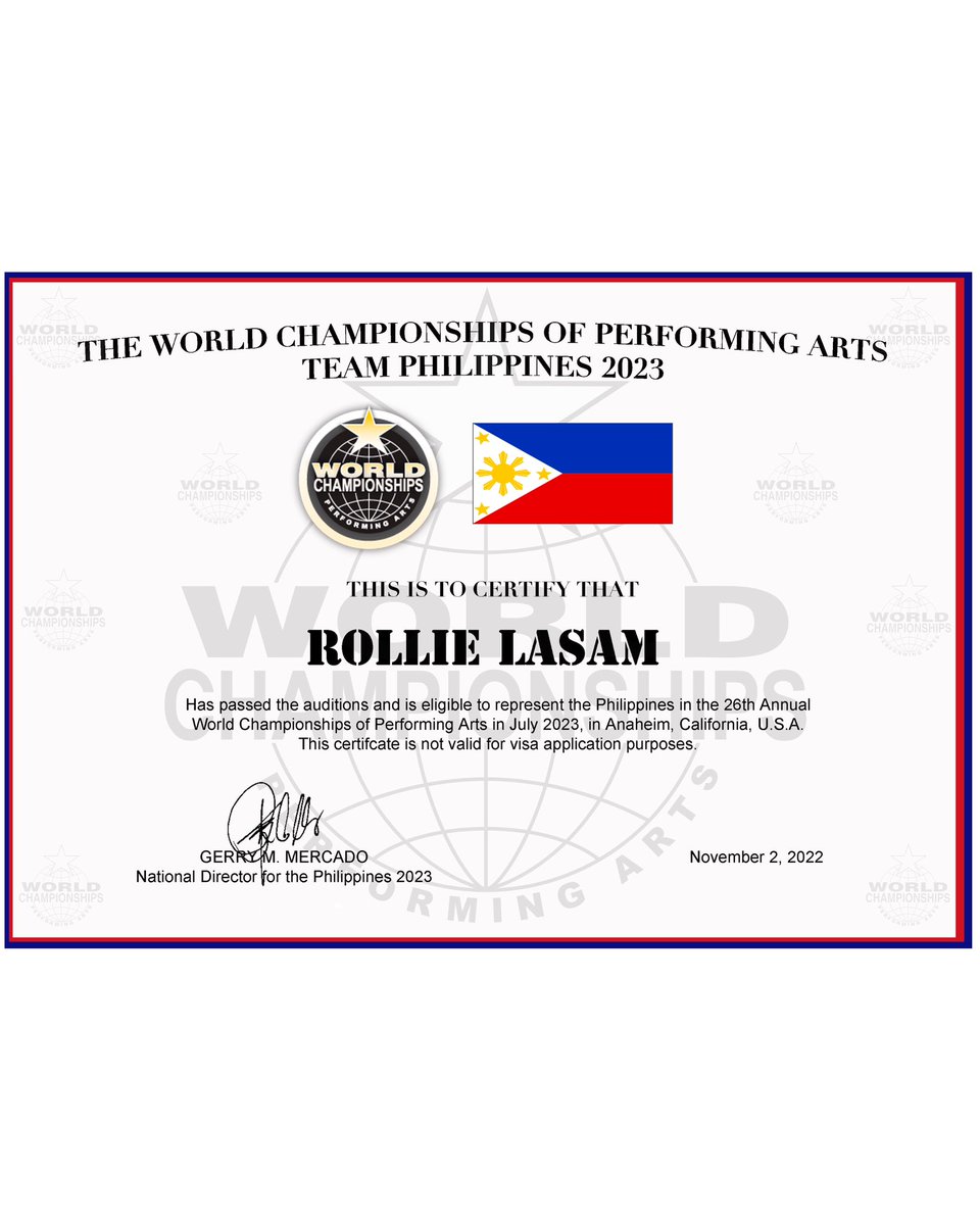 im_rollielasam's tweet photo. I am truly honored to share with everyone that I have been chosen to be the one of the representatives of the Philippines in the World Championships of Performing Arts (WCOPA) 2023. https://t.co/aODPEKNOoh