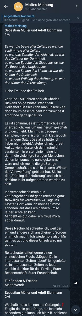 Youth_Resists's tweet photo. [CW Relativierung der Shoa]
Malte Wendt geht in den Knast! 
Das verkündet er jetzt nochmal offiziell auf seinem eigenen Telegram Kanal. Aber was Malte in seinem Monolog verfasst und wie relativierend er mit Opfer der Shoa umgeht fällt vielleicht nicht auf den ersten Blick auf. /1 https://t.co/IiyDPsoDcf