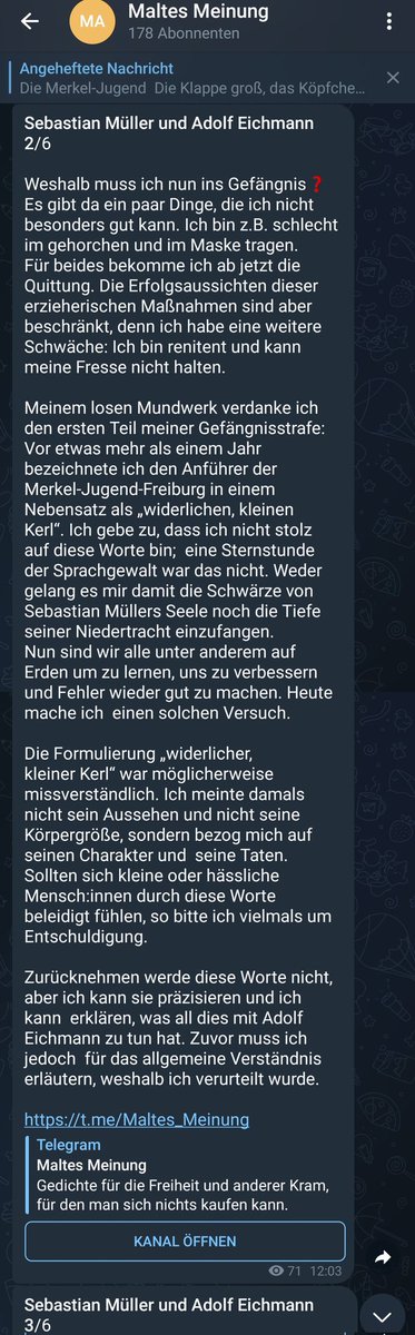 Youth_Resists's tweet photo. [CW Relativierung der Shoa]
Malte Wendt geht in den Knast! 
Das verkündet er jetzt nochmal offiziell auf seinem eigenen Telegram Kanal. Aber was Malte in seinem Monolog verfasst und wie relativierend er mit Opfer der Shoa umgeht fällt vielleicht nicht auf den ersten Blick auf. /1 https://t.co/IiyDPsoDcf