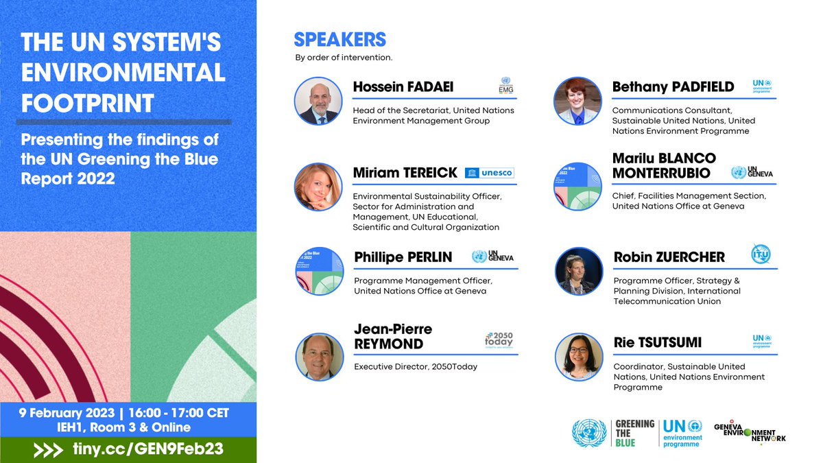 GENetwork's tweet image. What steps is the #UNSystem taking to reduce its #EnvironmentalFootprint?

Join us in this session to hear from experts for a discussion on the findings of the 2022 edition of the #GreeningTheBlue Report.

📅 9 Feb 23, 16:00 CET 
➡️ tiny.cc/GEN9Feb23