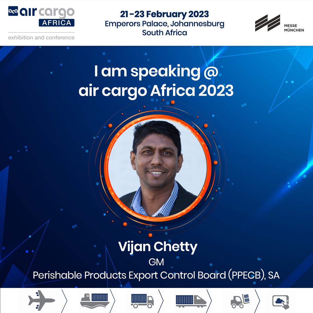 AirCargoAfrica's tweet photo. We are delighted to welcome Mr. Vijan Chetty, GM, Perishable Products Export Control Board (PPECB), SA, our esteemed speaker for air cargo Africa 2023 conference.
#aircargo #aircargoconference #aircargologistics #MesseMuenchen #aircargoAfrica #perishables #automotive #ecommerce https://t.co/JIvFc13ja8