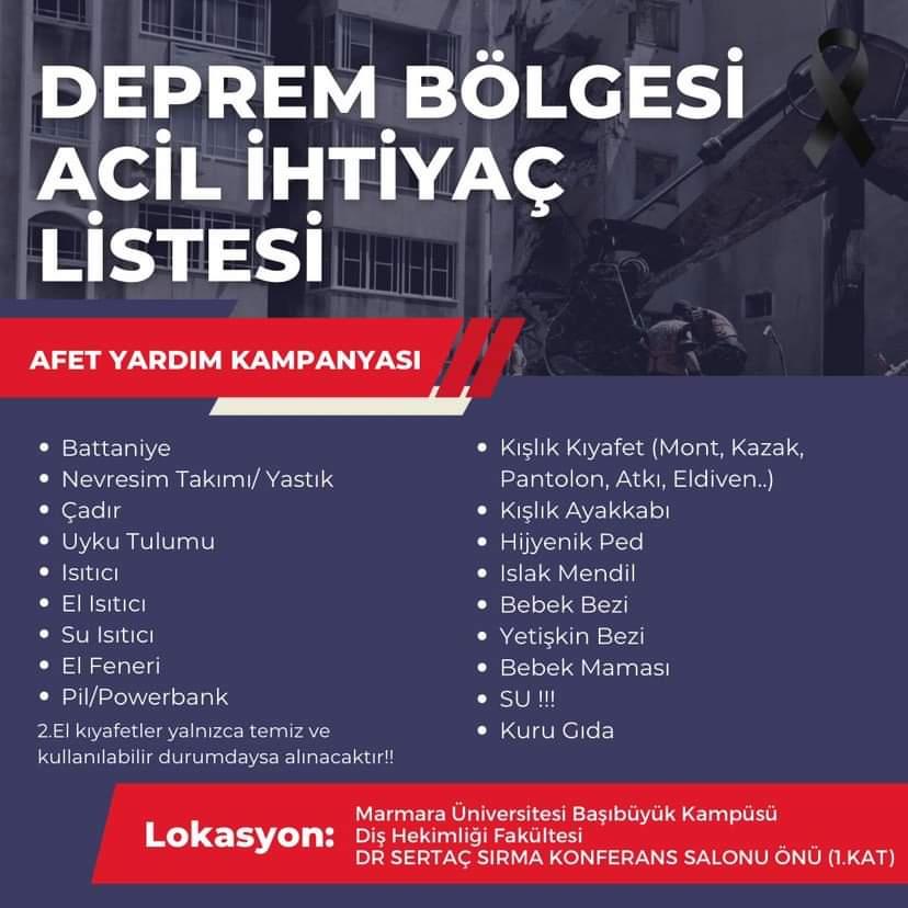 Siz de destek olun!

Deprem bölgesine iletilmek üzere yardımlarınızı bekliyoruz.

2. Toplama merkezimiz 
Marmara Üniversitesi Maltepe Sağlık Yerleşkesi 
Diş Hekimliği Fakültesi Dr. Sertaç Sırma Konferans Salonu