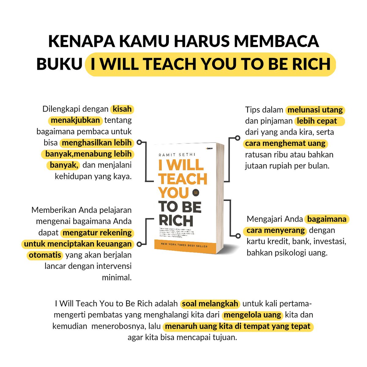 Dalam buku I Will Teach You to Be Rich pembaca dapat memahami cara bagaimana mengatasi masalah keuangan, baik dari segi pribadi maupun dalam berbisnis.

#iwillteachyoutoberich #ramithsethi #penerbitbaca