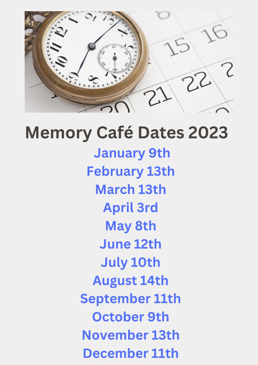 Hi Everyone, The next Memory Café will take place on Mon 13 Feb @ 11.00 a.m. Sharon Maher,  Dementia Nurse, Mercy Hospital Cork, will be in attendance and she will be talking about brain health. The café is free of charge and open to anyone interested or impacted by dementia