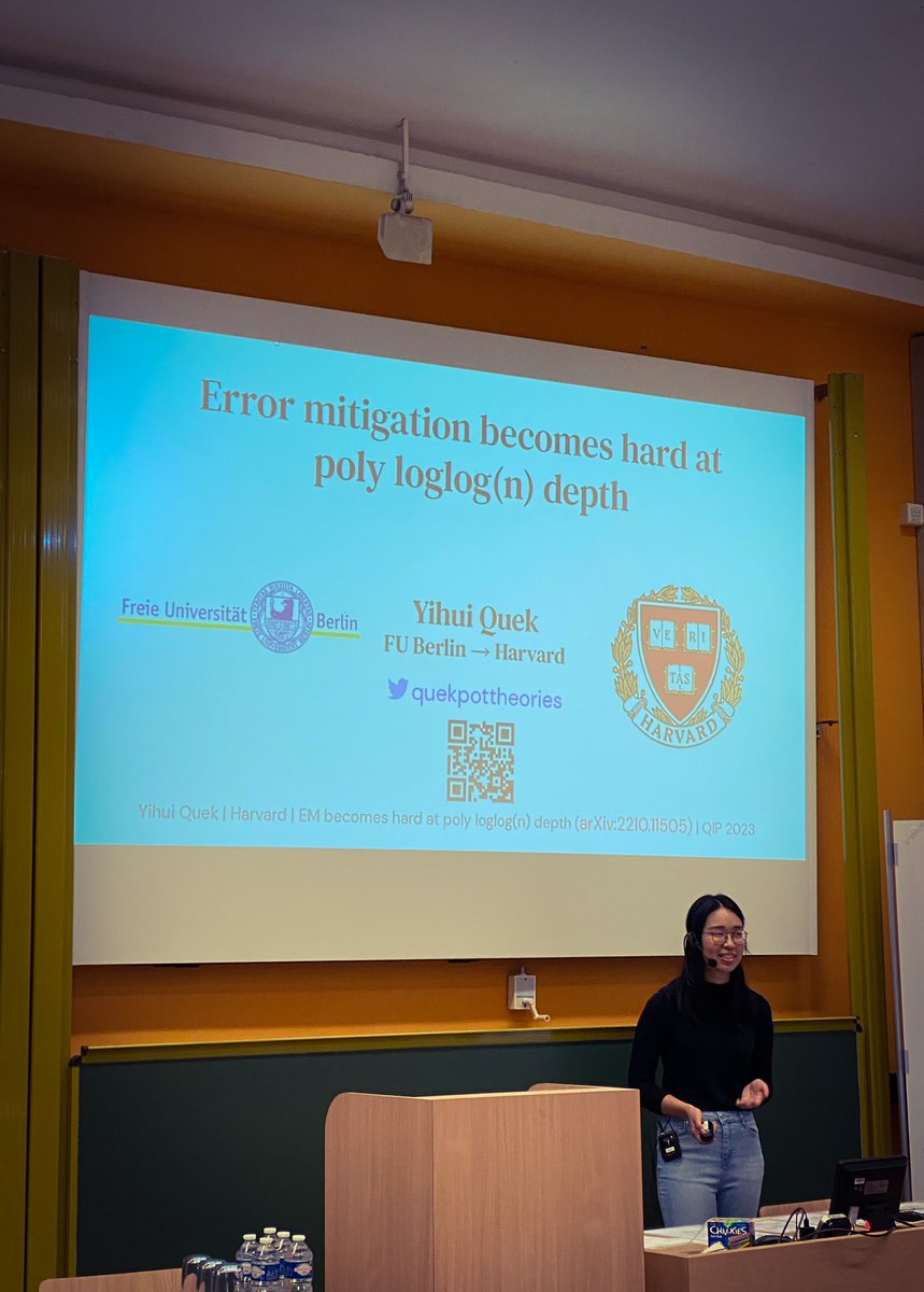 jenseisert's tweet image. The great @quekpottheories speaks about obstructions against #quantumerrormitigation at log-log depth at #QIP2023.