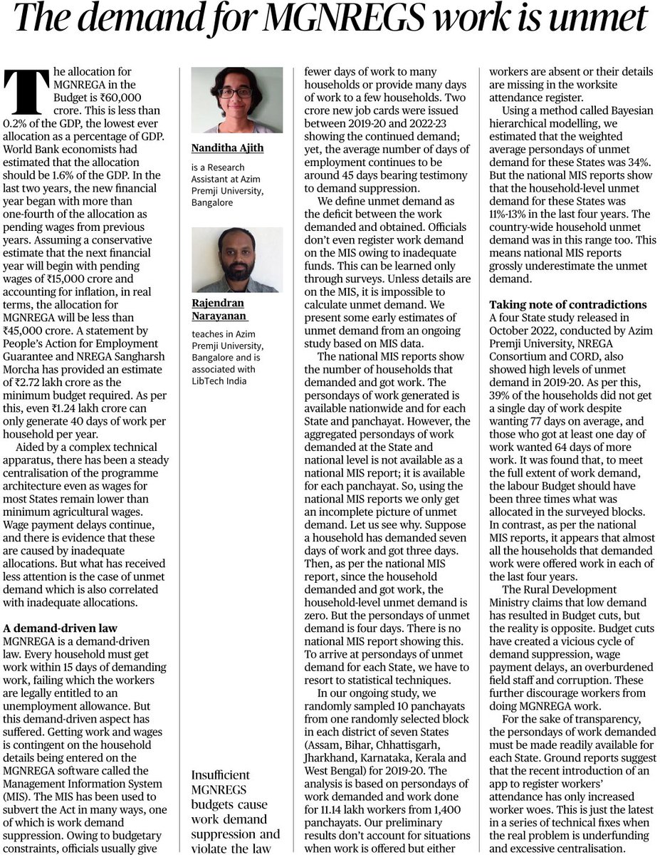 Based on the undergraduate thesis of <a href="/nanditha_ajith/">Nanditha</a> . Estimates extent of demand suppression in #NREGA due to inadequate budget. Logic - Choke funds, don't register work demand, workers get discouraged to do NREGA work, cut budget saying less demand. In today's <a href="/the_hindu/">The Hindu</a>
