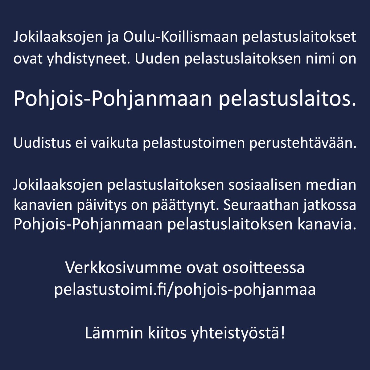 Kerta kiellon päälle ja vielä viimeinen twiitti! Muistutamme, että jatkossa tällä tilillä ei enää tiedoteta. Otathan seurantaan <a href="/PPpelastus/">Pohjois-Pohjanmaan pelastuslaitos</a>  🙏

Tutustu myös verkkosivuihimme: pelastustoimi.fi/pohjois-pohjan…

#pelastustoimi #pppelastus #pohde #hyvinvointialue