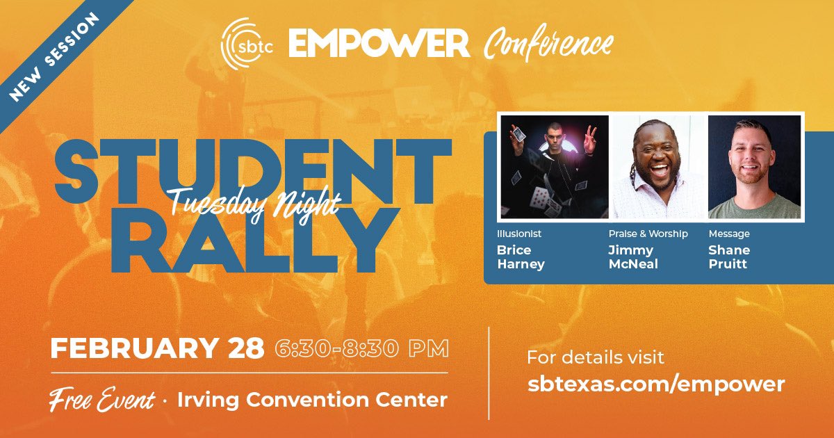 From M3 WKND to the Student Rally at EMPOWER Conference ➡️ we want to be a resource for your student ministry. <a href="/shane_pruitt78/">Shane Pruitt</a> <a href="/JimmyMcNeal1/">Jimmy McNeal</a> <a href="/BriceMagic/">Brice Harney</a> <a href="/bbales710/">Brandon Bales</a> 

Don’t miss it! sbtexas.com/empower