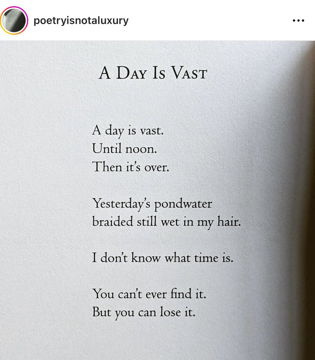 A Day Is Vast

A day is vast.
Until noon.
Then it’s over.

Yesterday’s pondwater
braided still wet in my hair.

I don’t know what time is.

You can’t ever find it.
But you can lose it.

Jane Hirshfield

Image courtesy @motleybookshelf