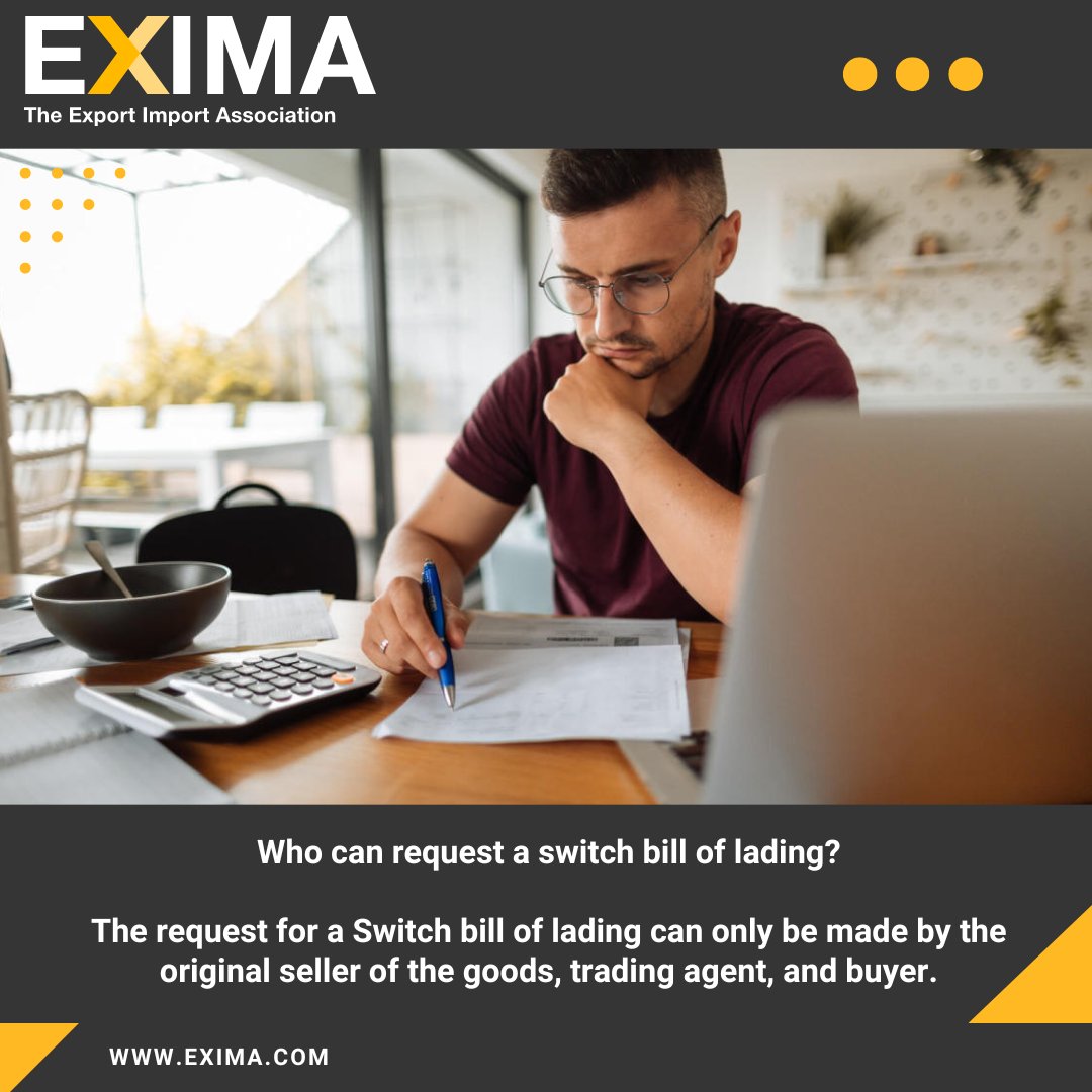 EXIMA_intl's tweet photo. Who can request a switch bill of lading? - The request for a Switch bill of lading can only be made by the original seller of the goods, trading agent, and buyer.
.
.
.
.
#EXIMA #internationaltrade #globaltrade #globalshipping #worldtrade #smallbusinessowner #export #import https://t.co/fwP6Uy1vFS