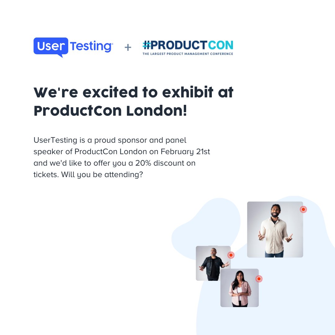 UserTesting is a proud sponsor of ProductCon London on February 21st! Discover the latest trends for product leaders, network with like-minded individuals. If you'd like a 20% discount on tickets, reach out to our team. bit.ly/3Q8coLi