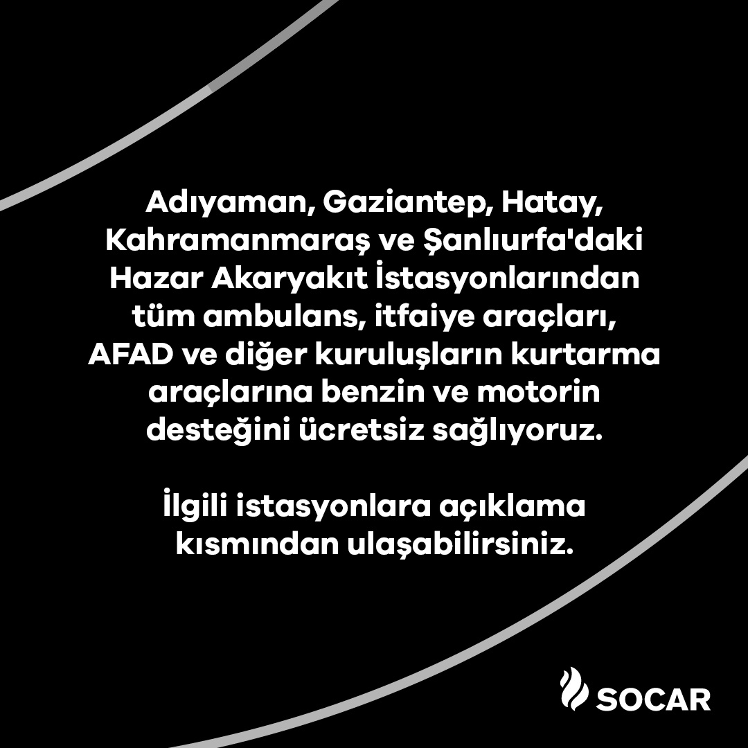 Tüm ambulans, itfaiye araçları, AFAD ve diğer kuruluşların kurtarma araçlarına benzin ve motorin desteğini ücretsiz sağlayacağımız bayilerimizin bilgilerine aşağıdaki paylaşımlarımızdan ulaşabilirsiniz. <a href="/AFADBaskanlik/">AFAD</a> <a href="/ahbap/">Ahbap</a> @akutdernegi <a href="/Kizilay/">Türk Kızılay</a>  #deprem