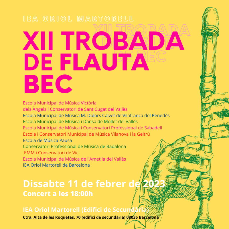 IEAOm's tweet photo. XII Trobada de Flauta de Bec a l'IEA Oriol Martorell - Barcelona
Una nova trobada en la qual participaran més de setanta-cinc alumnes i professors d'onze escoles de música i Conservatoris d'arreu de Catalunya.
Esteu tots convidats!
#Trobada #flautadebec #música #TheNextFuture https://t.co/mi4l8W68s2