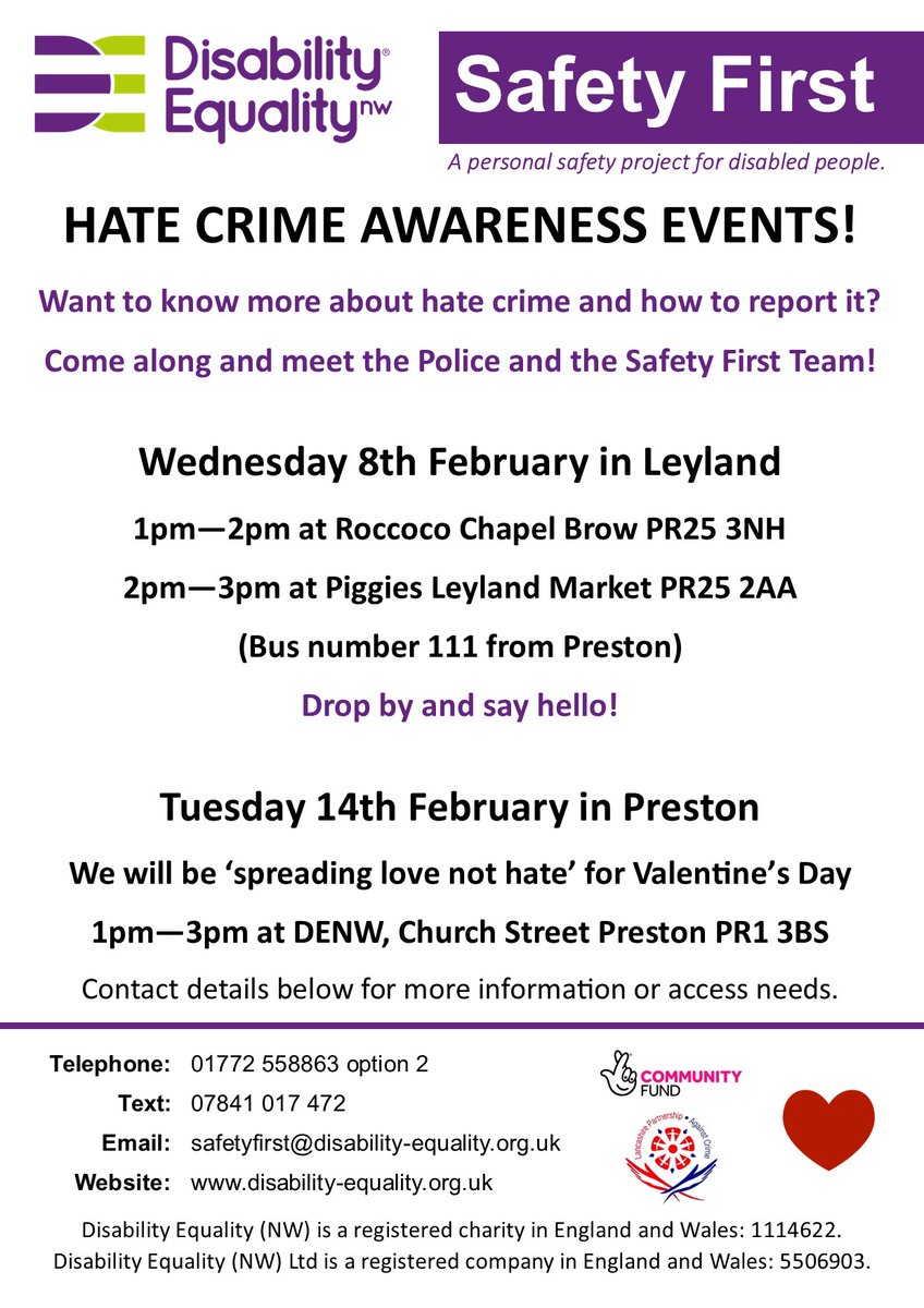 DIsabilityNW's tweet image. Tomorrow we&apos;ll be in Leyland speading awareness about Hate Crime.

From 1pm-2pm we&apos;ll be at Roccoco, @BOCS_England on Chapel Brow (PR25 3NH)
From 2pm-3pm we&apos;ll be at Piggies on @leyland_market (PR25 2AA).

Drop by and say hello! 💜💜

#hatecrime #safetyfirst #hatecrimeawareness