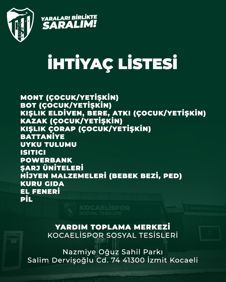 Kocaelispor Sosyal Tesisleri'nde kolileme çalışmaları sürüyor.

İhtiyaç listesine uygun şekilde yardımlarınızı getirebilirsiniz.