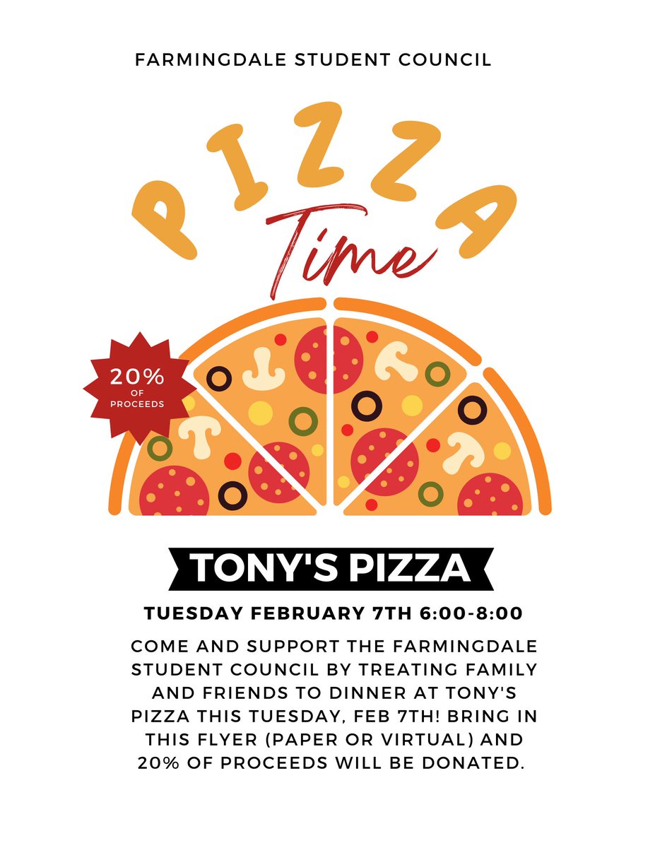 TONIGHT! Farmingdale Student Council is hosting a fundraiser at Tony’s Pizza from 6-8 PM. Bring family and friends for delicious food and show this flyer! See you there 🍕👍‼️