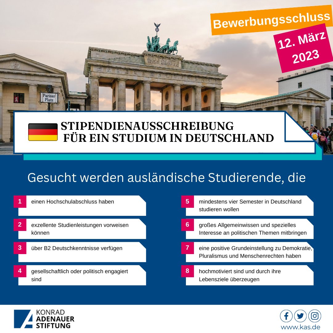 KAS_Lebanon's tweet photo. Die Konrad-Adenauer-Stiftung vergibt auch dieses Jahr wieder Vollstipendien an ausländische Studierende für ein Masterstudium oder eine Promotion an einer Hochschule in Deutschland. 

Mehr Information findest du unter folgendem Link: https://t.co/CqRwxHlPZG

#Scholarship https://t.co/YTV2jhq33G