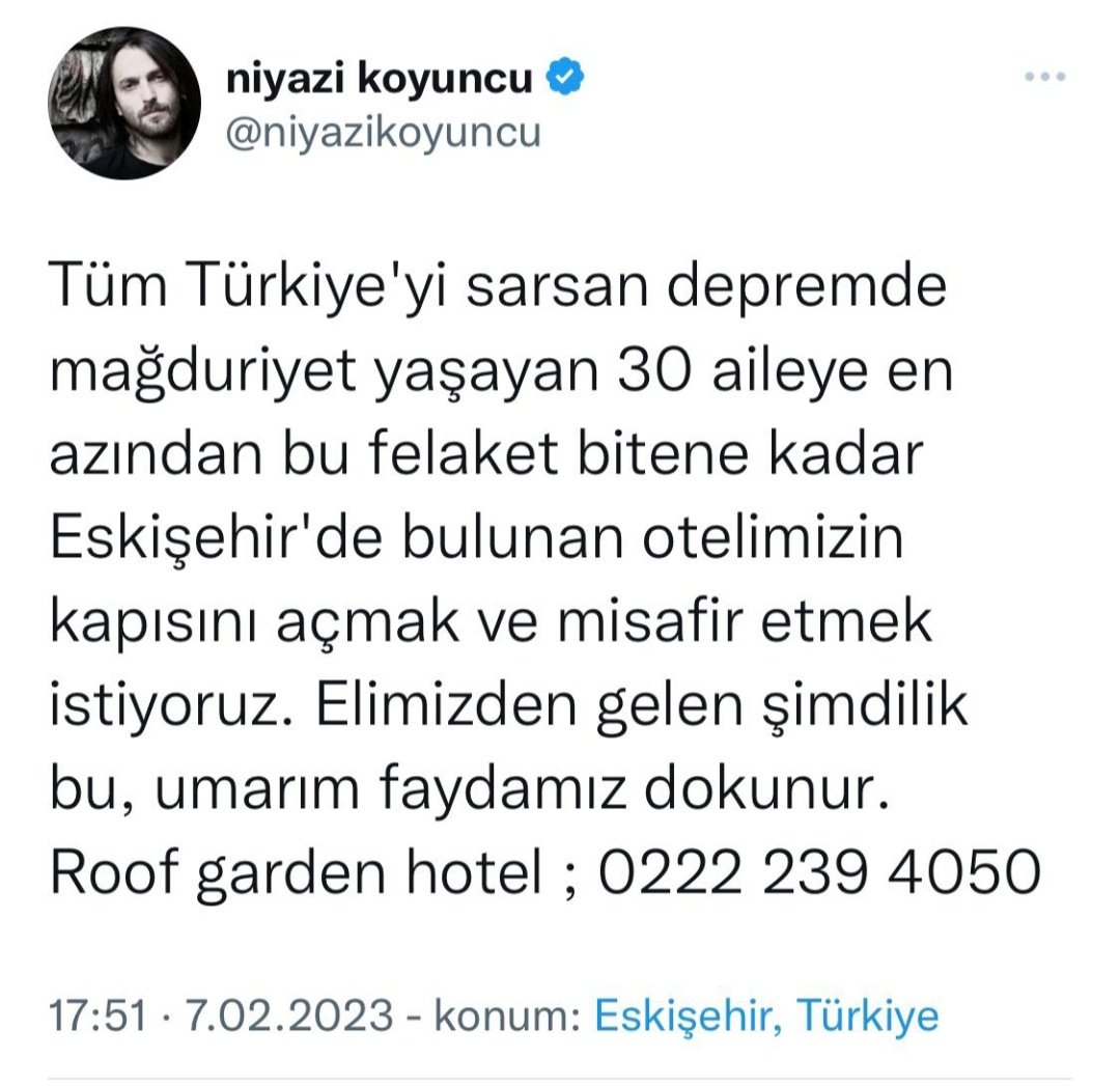 Eskişehir'deki Roof Garden adlı otelin sahibi olan Niyazi Koyuncu otelinin kapılarını depremzedelere açtı. RT yaparak görmesi gereken kişilere ulaştıralım!