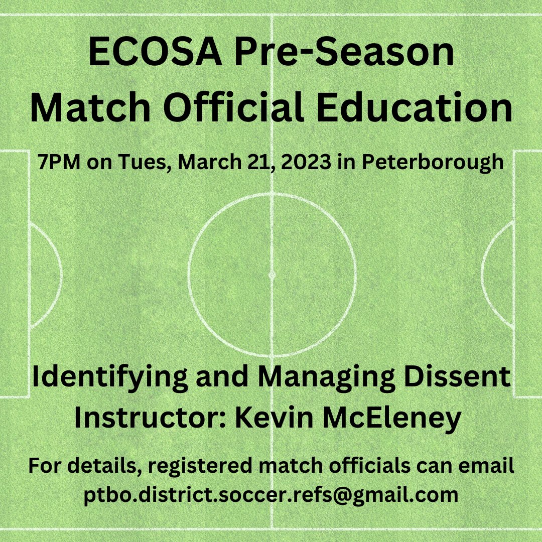 RefSoccerPTBO's tweet photo. We're excited to host an in-person pre-season education session for registered match officials on March 21, 2023 - interested in becoming a referee in 2023? DM us for info! https://t.co/lGGkcRwywk
