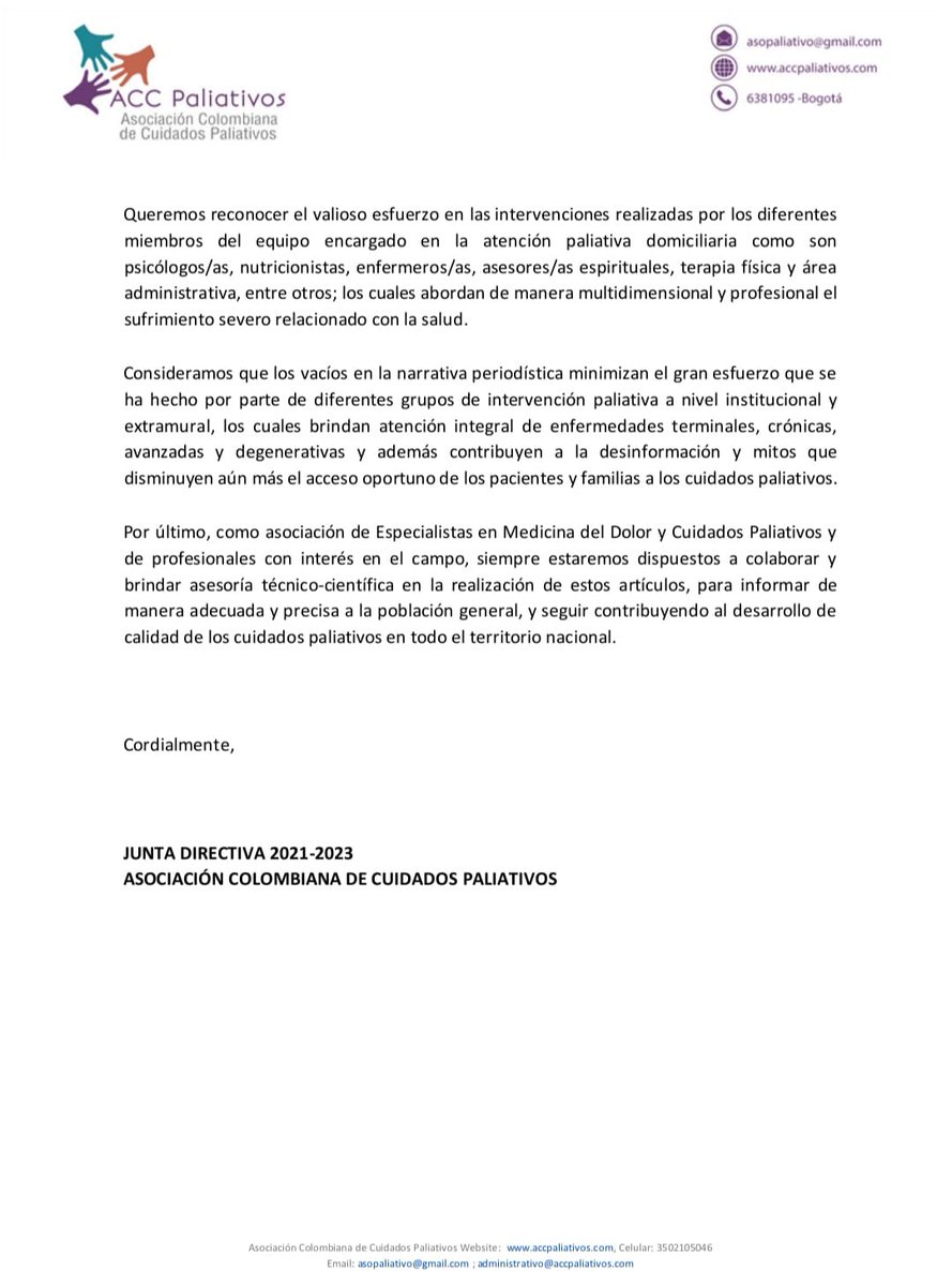 La ACCP emite este comunicado a la opinión pública, aclarando algunos conceptos en relación con la presentación de servicios domiciliarios en el país así como la importancia de la atención de equipo. <a href="/elcolombiano/">El Colombiano</a> <a href="/alguaro/">Álvaro Guerrero</a> <a href="/_ALCP/">ALCP</a> #cuidadospaliativos #paliativosdomiciliarios