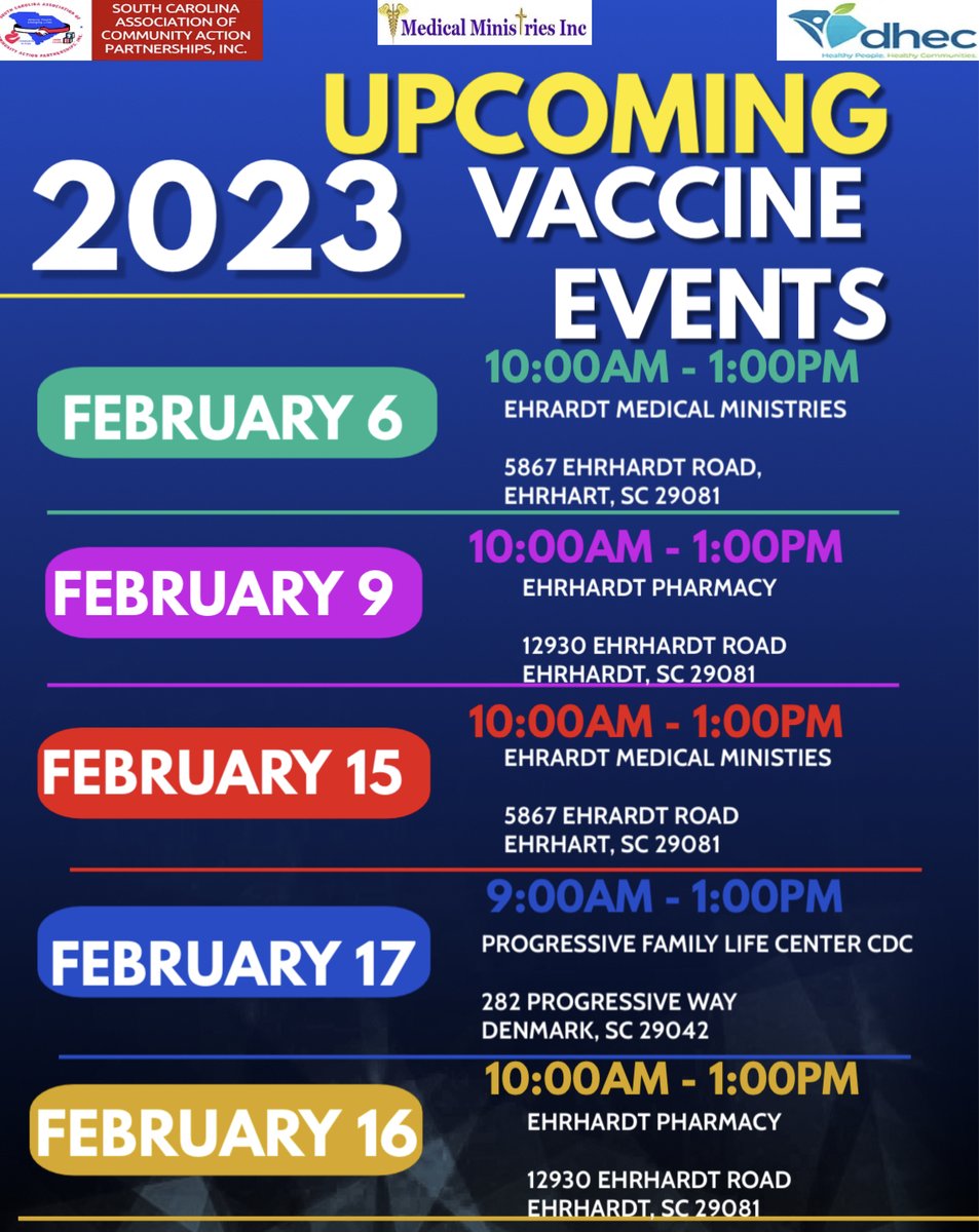 wearescacap's tweet image. Upcoming Vaccine Events in Ehrardt, SC &amp;amp; Denmark, SC. For more information contact Mary Carter at (803) 351-4934 or by email at mcarter@scacap.org.org
#COVID-19 #covidtesting #scacap #medicalministriesinc #DHEC
