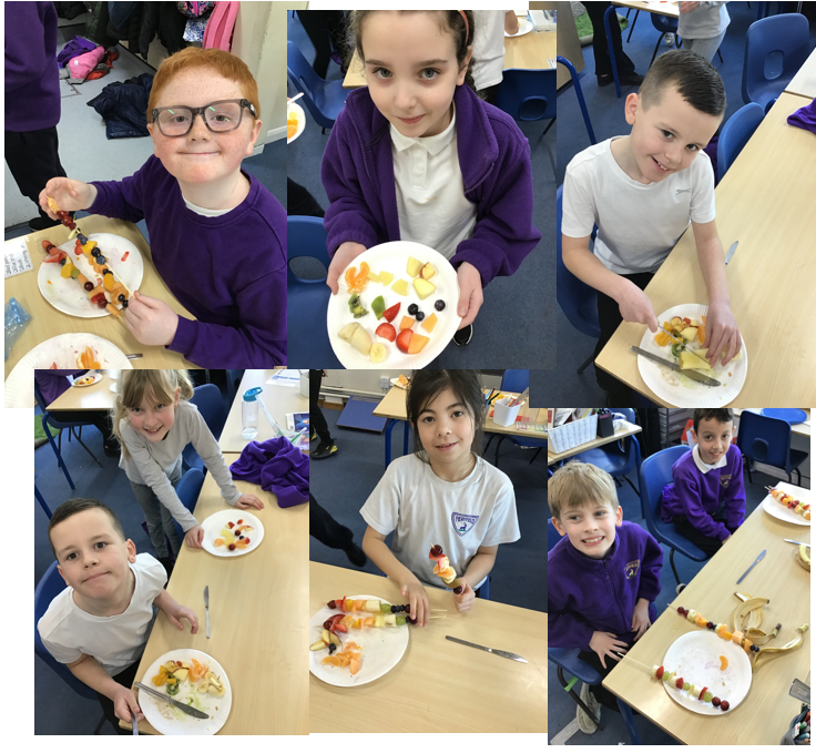 MeryfieldSchool's tweet photo. Year Four kicked off #FeelingGoodWeek by working together to prepare, wash and and chop some delicious fruit. They then made themselves a healthy fruit kebab and one to take home and share! #delicious https://t.co/W2UXFLifV4