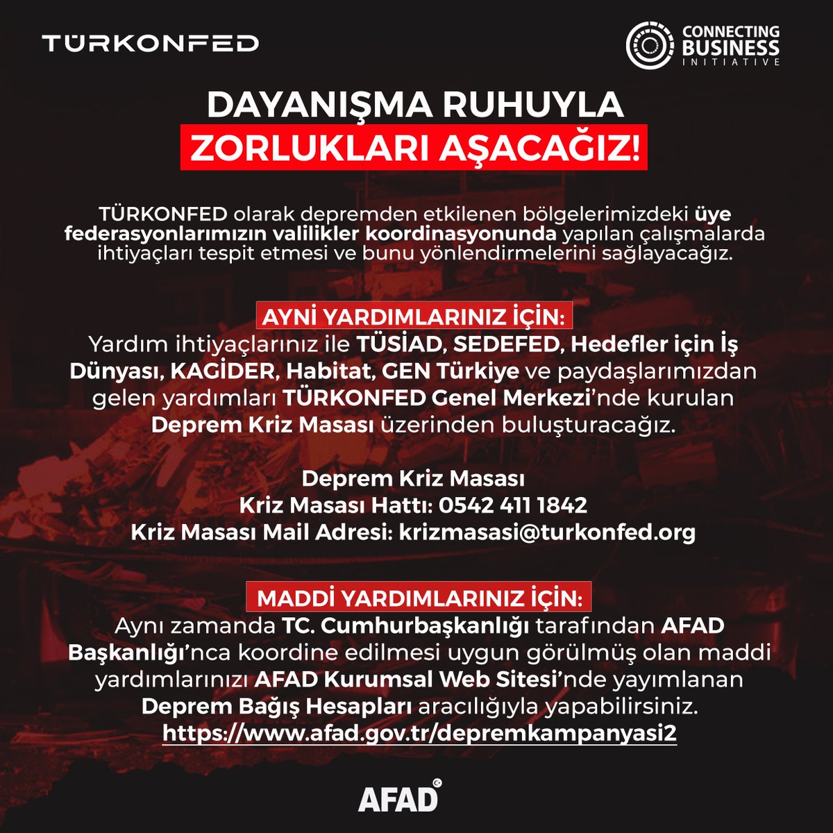 turkonfed's tweet photo. Bu zor günleri birlik, beraberlik ve dayanışma ruhuyla aşacağımıza inanıyoruz. TÜRKONFED olarak üye &amp; paydaşlarımızla depremden etkilenen bölgelerimizde ihtiyaçların karşılanması için kampanya başlattık.
Ayni yardımlar: krizmasasi@turkonfed.org
Kriz masası hattı: 0542 411 1842 https://t.co/eiPI0GzGP6