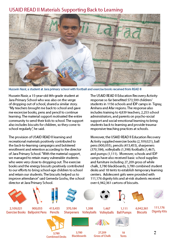 READ II Quarterly Newsletter featured stories on how READ II Education Recovery Activity provision of material supported back to learning, story of resilience in action from Afar and more. 
Read more: bit.ly/3wYL637
<a href="/1977Creative/">Creative</a> <a href="/USAIDEthiopia/">USAID Ethiopia</a>