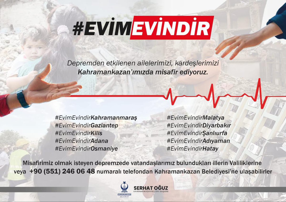Depremde evini yitirmiş kardeşlerim!
Sizleri #Kahramankazan'ımıza bekliyoruz… 

Yüreklerimiz gibi hanelerimizin kapıları da sizlere açık!

Bugünden itibaren, öncelikle kadın ve çocuklarımız olmak üzere, Kahramankazan olarak afetten etkilenen kardeşlerimize #EvimEvindir diyoruz!