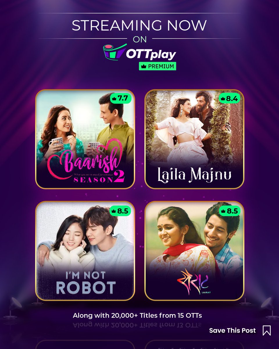 Sending you some perfect picks for your binge-watching straight from OTTplay Premium!🫂

@ZEE5India @playflixapp #Baarish #LailaMajnu #ImNotRobot #Sairat #TriptiDimri #AvinashTiwary #YooSeungHo #RinkuRajguru #Bollywood #BollywoodMovies #MazeyKaroMultiply #OTTplayPremium #OTTplay