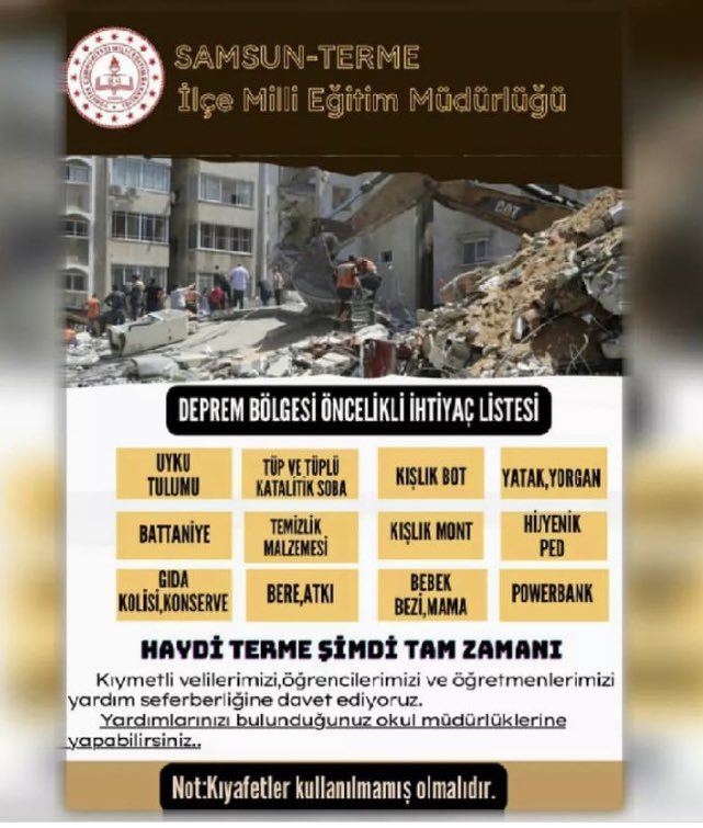 Deprem Bölgesi Öncelikli İhtiyaç Listesi                                                            <a href="/ismailrhmnkose/">İRKÖSE</a> <a href="/muratagar60/">Murat AĞAR</a> <a href="/tcmeb/">Millî Eğitim Bakanlığı</a>