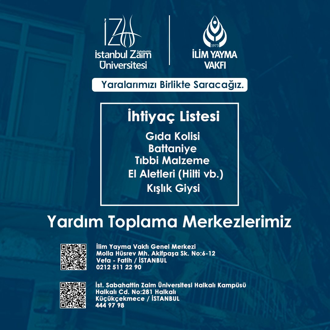Biz birbirimizin dayanağı, birbirimizin bağıyız!

Destekleriniz ile depremden etkilenen vatandaşlarımıza aşağıdaki acil yardımlarınızı ulaştırıyoruz.

Yaralarımızı Birlikte Saracağız.

Yardım Toplama Alanı: İZÜ Kapalı Spor Salonu
#deprem