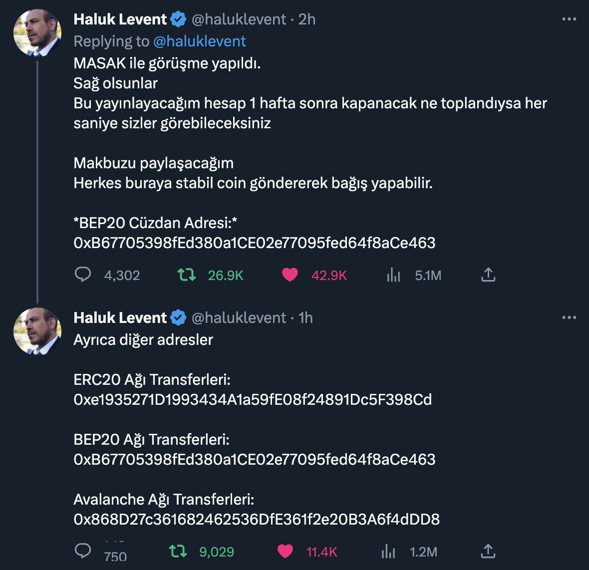 #turkeyearthquakes 👇

<a href="/ahbap/">Ahbap</a> <a href="/haluklevent/">Haluk Levent ( Ahbap Ekibi )</a> 

TO ALL MY CRYPTO AND NFT FRIENDS. HERE ARE THE SUPPORT WALLETS FOR TURKEY 

ERC20 :
0xe1935271D1993434A1a59fE08f24891Dc5F398Cd

BEP20 :
0xB67705398fEd380a1CE02e77095fed64f8aCe463

AVAX :
0x868D27c361682462536DfE361f2e20B3A6f4dDD8