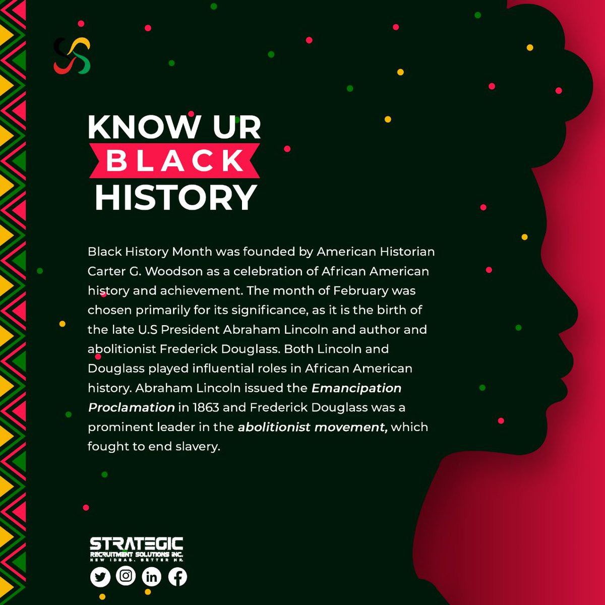 Know ur black history! BHM was founded by American Historian Carter G. Woodson. 

#srsgy #hrcompany #Guyana #recruitment #safetyfirst #BlackHistoryMonth #blackexcelence #blacklove #blackownedbusiness #blackhistory #blackgirlmagic #melanin #knowyourhistory #caribbeanhistory