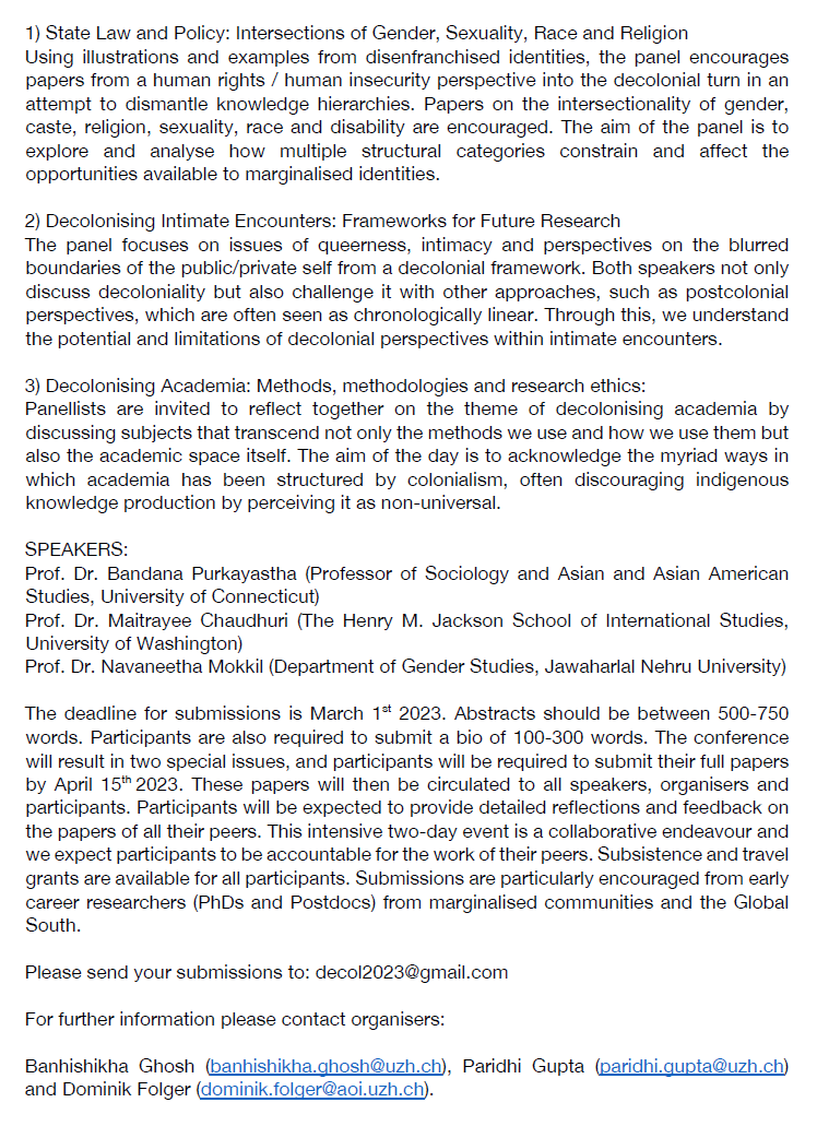 Call for Papers: Decolonising Gender and Sexuality: Learning from Other Voices
11th and 12th of May 2023
University of Zurich
We seek to encourage interdisciplinary research, particularly from the Global South, that broadens our perceptions and understandings of decoloniality