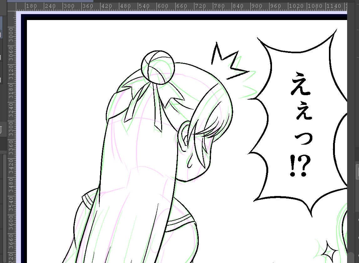 何か描いてる。ましろん難しい。ましろん難しいというより、4コマで多用するこの斜め後ろからの構図って本編のキャプチャにも資料集にもちょうどいいのがなかったりするから描き方がいつも手探り。