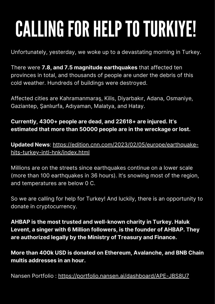 Baki - bucky.clv.eth on Clave (@librarydefi) on Twitter photo 🇹🇷 CALLING FOR GLOBAL HELP 🇹🇷
<a href="/haluklevent/">Haluk Levent ( Ahbap Ekibi )</a> MULTISIG Wallets:
Ethereum : 0xe1935271D1993434A1a59fE08f24891Dc5F398Cd
BNB Chain: 0xB67705398fEd380a1CE02e77095fed64f8aCe463
Avalanche:
0x868D27c361682462536DfE361f2e20B3A6f4dDD8
Track donations: portfolio.nansen.ai/dashboard/APE-… 🇹🇷 CALLING FOR GLOBAL HELP 🇹🇷
<a href="/haluklevent/">Haluk Levent ( Ahbap Ekibi )</a> MULTISIG Wallets:
Ethereum : 0xe1935271D1993434A1a59fE08f24891Dc5F398Cd
BNB Chain: 0xB67705398fEd380a1CE02e77095fed64f8aCe463
Avalanche:
0x868D27c361682462536DfE361f2e20B3A6f4dDD8
Track donations: portfolio.nansen.ai/dashboard/APE-…