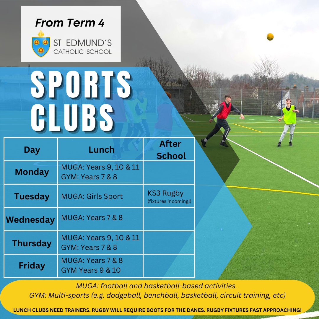StEdmundsSCH's tweet photo. The sports club listed here will start after the February half term. Both boys and girls are welcome to come along (except Tuesday's, girls only).

Trainers will be needed for the gym and the MUGA (boots needed for rugby).
#SportsClubs #physicalactivity #schoolsports https://t.co/wOX0JO5kLd