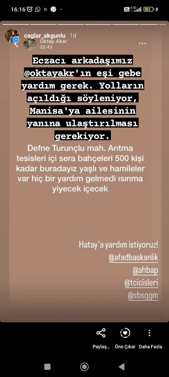 Eczacı arkadaşımız <a href="/oktayakarr/">Oktay Akar</a> 'ın eşi gebe yardım gerek. Yolların açıldığı söyleniyor, Manisa'ya ailesinin yanına ulaştırılması gerekiyor.
<a href="/AFADBaskanlik/">AFAD</a> <a href="/ahbap/">Ahbap</a> <a href="/ahbap_izmir/">ahbap İzmir</a> <a href="/HatayEczaOdasi/">Hatay Eczacı Odası</a> <a href="/manisa_eczodasi/">Manisa Eczacı Odası</a> @ahbaphatay <a href="/tebkurumsal/">Türk Eczacıları Birliği</a>