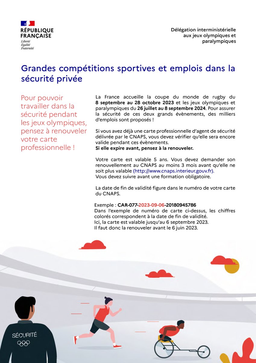 CNAPS_Interieur's tweet photo. Mobilisation JOP2024 : le CNAPS a envoyé une première campagne de mailing aux 80 000 détenteurs de carte professionnelle d'IDF. 
Objectifs : inciter à renouveler les autorisations avant 2024 et informer sur les offres d'emploi en lien avec les JOP.
@cnsj_fr @dijop @pole_emploi https://t.co/nWF7wbwa7J