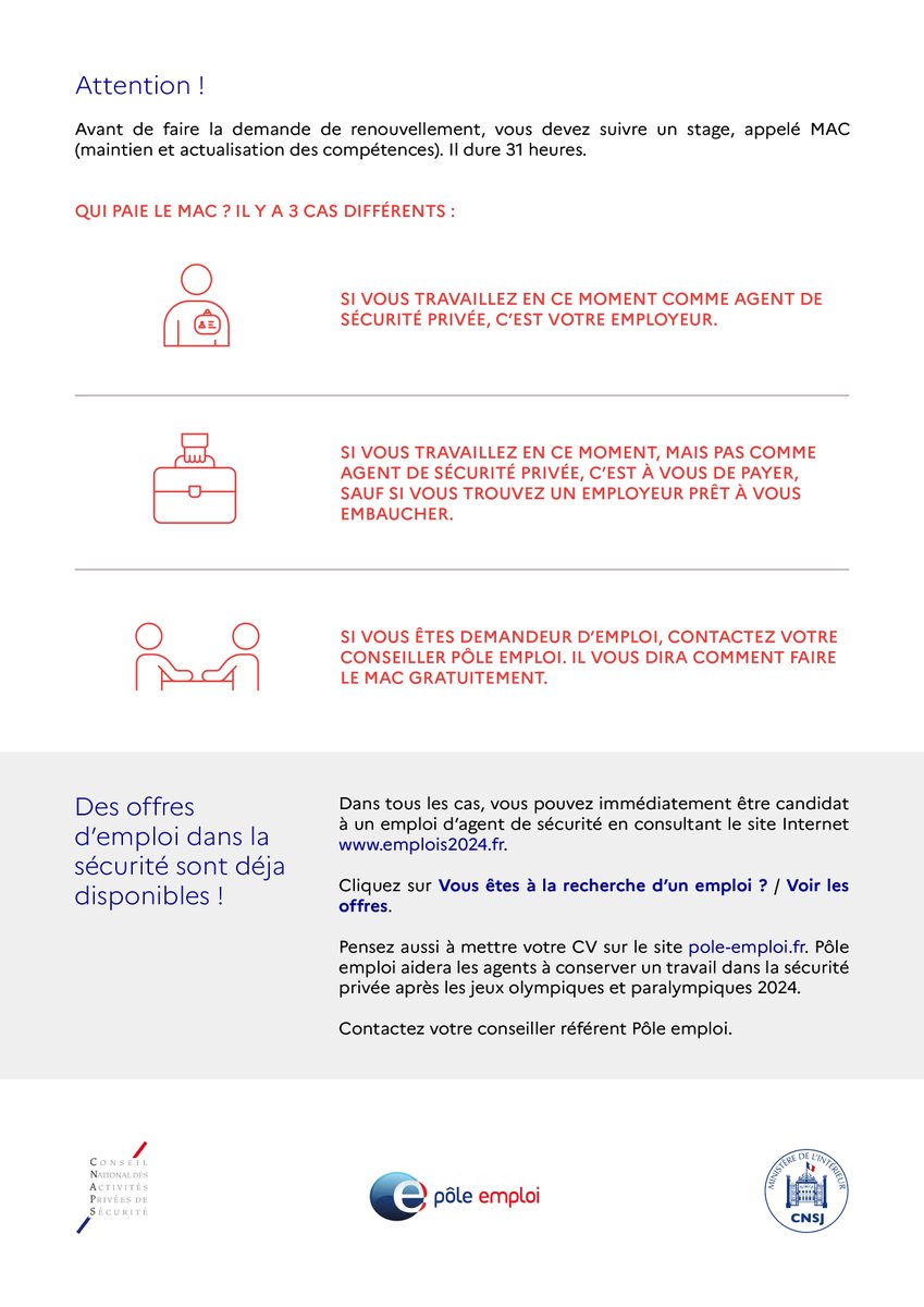 Mobilisation JOP2024 : le CNAPS a envoyé une première campagne de mailing aux 80 000 détenteurs de carte professionnelle d'IDF. 
Objectifs : inciter à renouveler les autorisations avant 2024 et informer sur les offres d'emploi en lien avec les JOP.
<a href="/cnsj_fr/">Coordination nationale sécurité des JOP 2024</a> <a href="/dijop/">DIJOP</a> @pole_emploi
