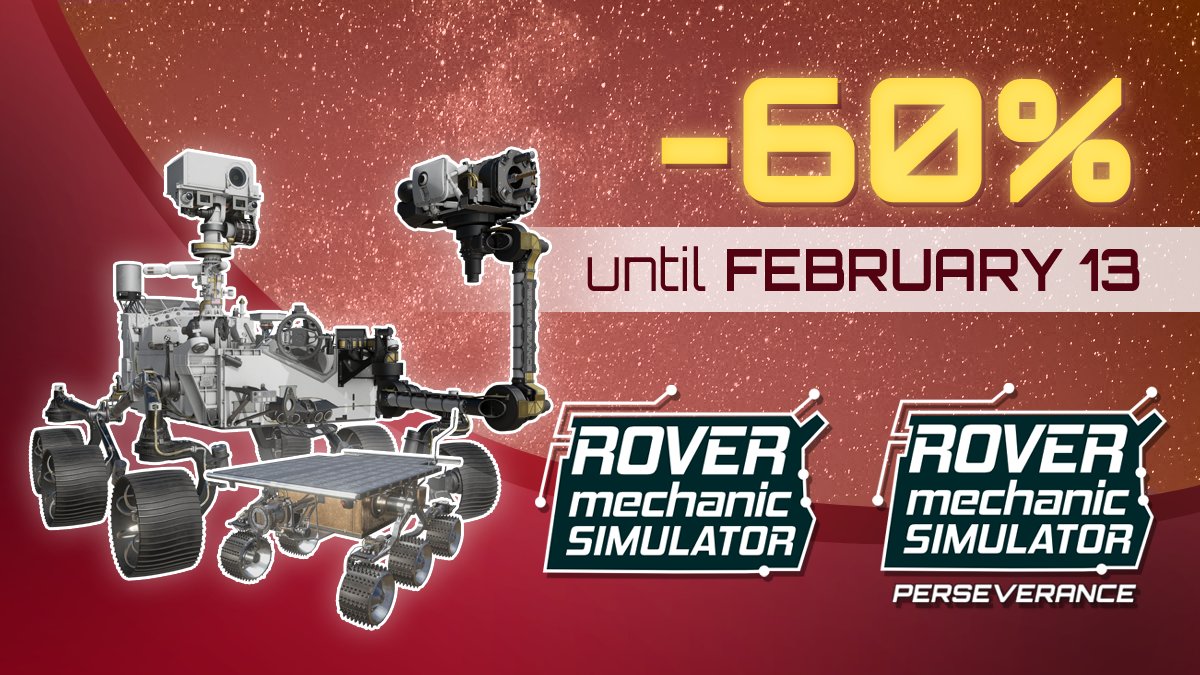 PyramidLab's tweet image. Weeklong deal on #RoverMechanicSimulator! Until February 13, you can get both the base game and #PerseveranceRover DLC at 60% discount! 
Start your life as a rover mechanic today! 🤩
➡️ RMS: bit.ly/3YmUA3R
➡️ DLC: bit.ly/3JFr7hh
#rover #simulation #indiedev